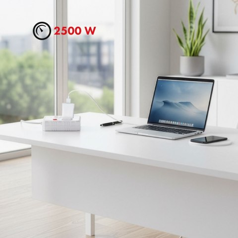 MACLEAN LISTWA ZASILAJĄCA, PRZEDŁUŻACZ 2 GNIAZDA + 3XUSB, 110-240V AC 50/60HZ, 2.1A MAX 2500W, 1.5M, BIAŁA MCE387 W