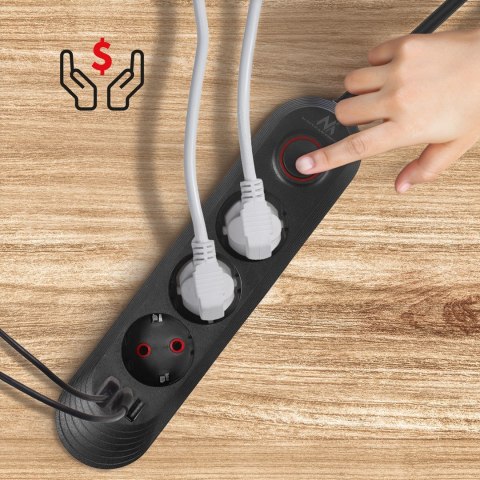 MACLEAN LISTWA ZASILAJĄCA, PRZEDŁUŻACZ 3 GNIAZDA + 3XUSB, 110-240V AC 50/60HZ, 2.1A MAX 2500W, 1,5M, CZARNA MCE394 B