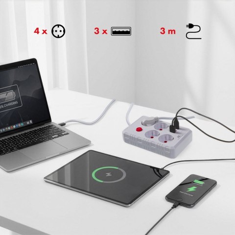 MACLEAN LISTWA ZASILAJĄCA, PRZEDŁUŻACZ 4 GNIAZDA + 3XUSB, 110-240V AC 50/60HZ, 2.1A MAX 2500W, 3M, BIAŁA MCE393 W