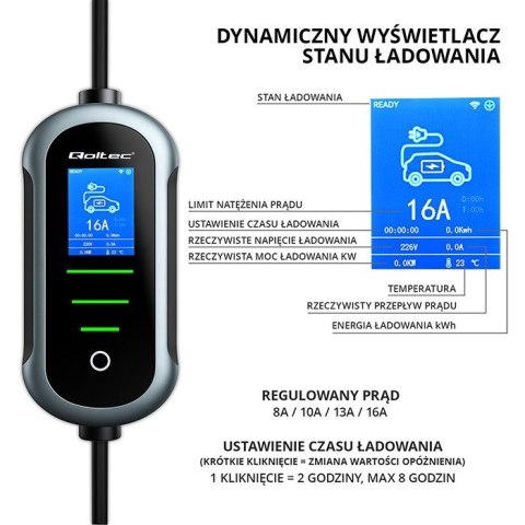 Qoltec Mobilna ładowarka EV z regulacją 2w1 Typ2 11kW 400V Wi-fi TUYA Smart Life LCD Przenośna 5m