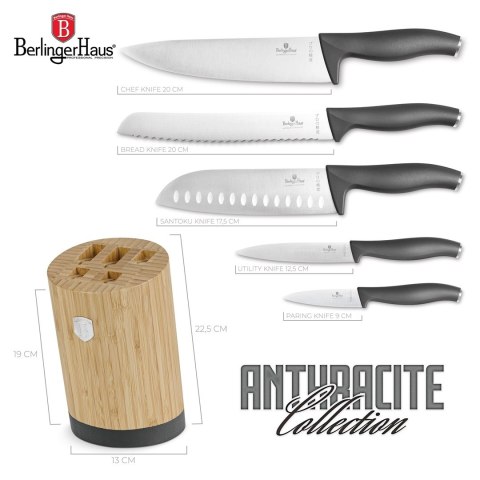 Noże kuchenne - zestaw 5 szt. w stojaku bambusowym Berlinger Haus Anthracite BH-2672