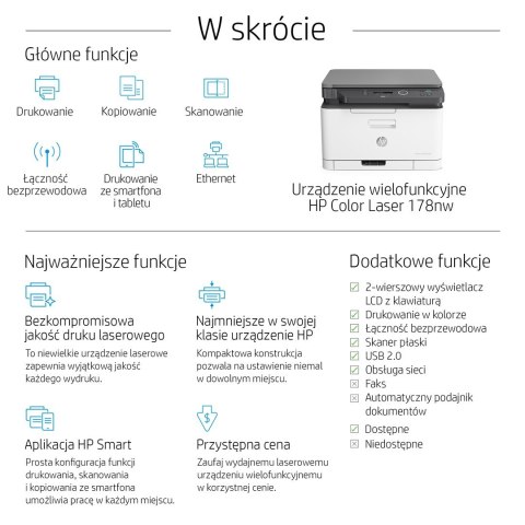 Urządzenie wielofunkcyjne HP Color Laser MFP 178nw 4ZB96A (laserowe, laserowe kolor; A4; Skaner płaski) (WYPRZEDAŻ)