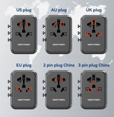 Uniwersalny adapter podróżny z ładowarką Vention 65W GaN 2x USB-A 2x USB-C czarny