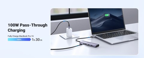 Ugreen Wielofunkcyjny HUB 5w1 USB-C - HDMI 1.4 / 3 x USB-A / USB-C PD 100W CM511 - szary