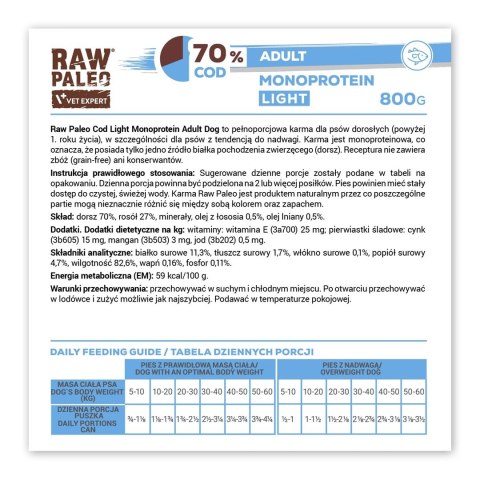 VetExpert Raw Paleo Dorsz/Cod Light Adult Can 800g