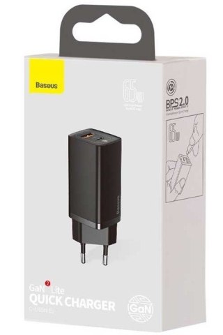 Ładowarka sieciowa Baseus GaN2 Lite, USB + USB-C, 65W, EU (czarna)