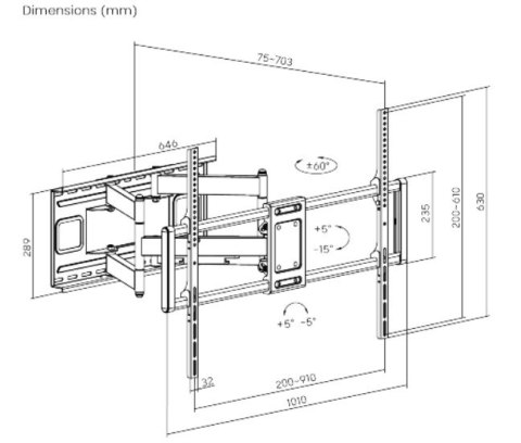 GEMBIRD UCHWYT SUFITOWY DO TELEWIZORA Z PEŁNYM ZAKRESEM RUCHU (REGULOWANY), 60" - 120", DO 120 KG