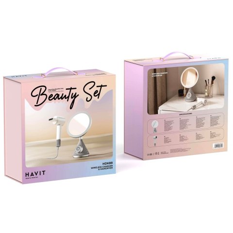 ZESTAW SUSZARKA WRAZ Z LUSTERKIEM KOSMETYCZNYM Z FUNKCJA ŁADOWANIA BEZPRZEWODOWEGO