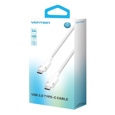 Kabel USB-C do USB-C Vention w oplocie 3A 480Mbps 60W PD 2m biały
