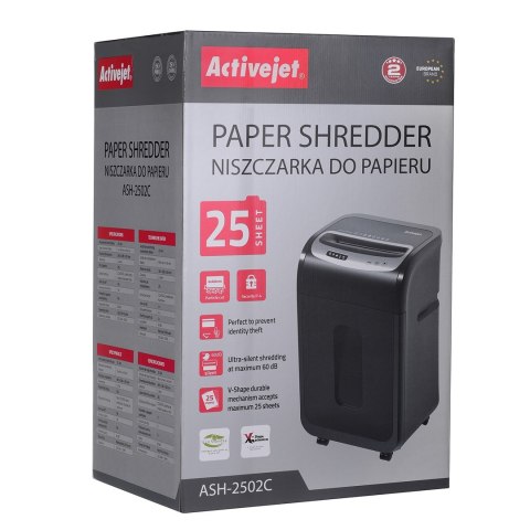Activejet Niszczarka Activejet ASH-2502C, P-4, 28 l, ścinki 4x40 mm, 25 kartek, czarna