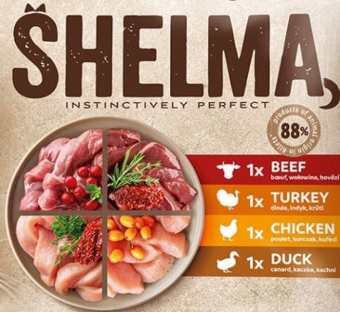 SHELMA saszetki - pełnoporcjowa bezzbożowa karma dla dorosłych kotów. Z kurczakiem, wołowiną, kaczką i indykiem 4x85g