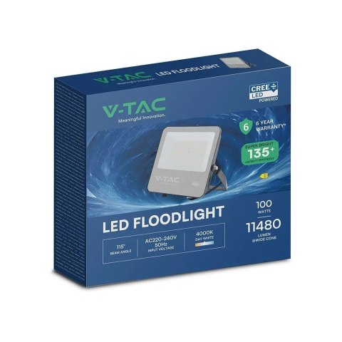 Projektor LED V-TAC CREE CHIP 100W 135lm/W czarna obudowa przewód 1m IP65 VT-44101 4000K 11480lm 6 lat gwarancji