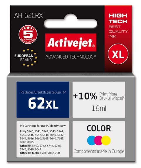 Activejet AH-62CRX Tusz (zamiennik HP 62XL C2P07AE; Premium; 18 ml; kolor)