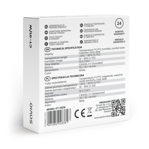 SAVIO STACJA POGODY BEZPRZEWODOWA, CZUJNIK TEMPERATURY I WILGOTNOŚCI, LCD, DO UŻYTKU WEWNĘTRZNEGO, UCHWYT MAGNES SAVCT-01/W